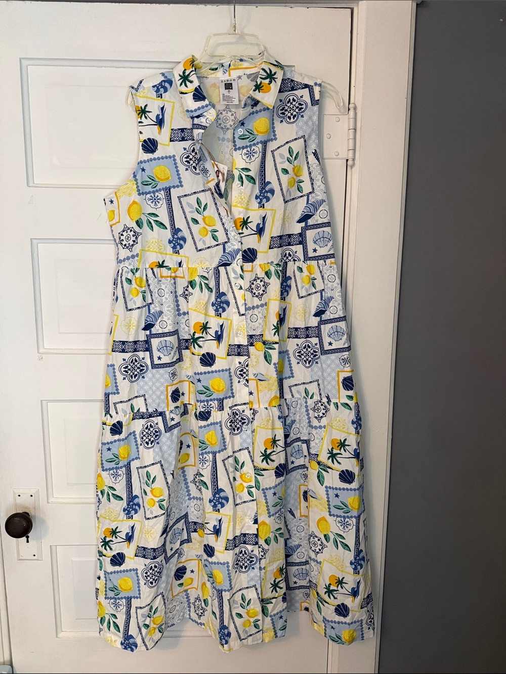Blue La Dolce Vita Lemons sleeveless shirt dress tiered 100% cotton beach print